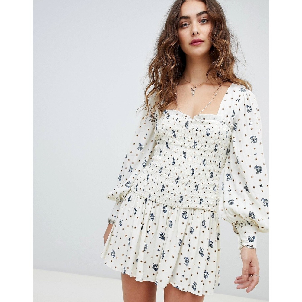 Free People Womens Boho Floral Mini Dress Size S Smocked Cottagecore Romantic